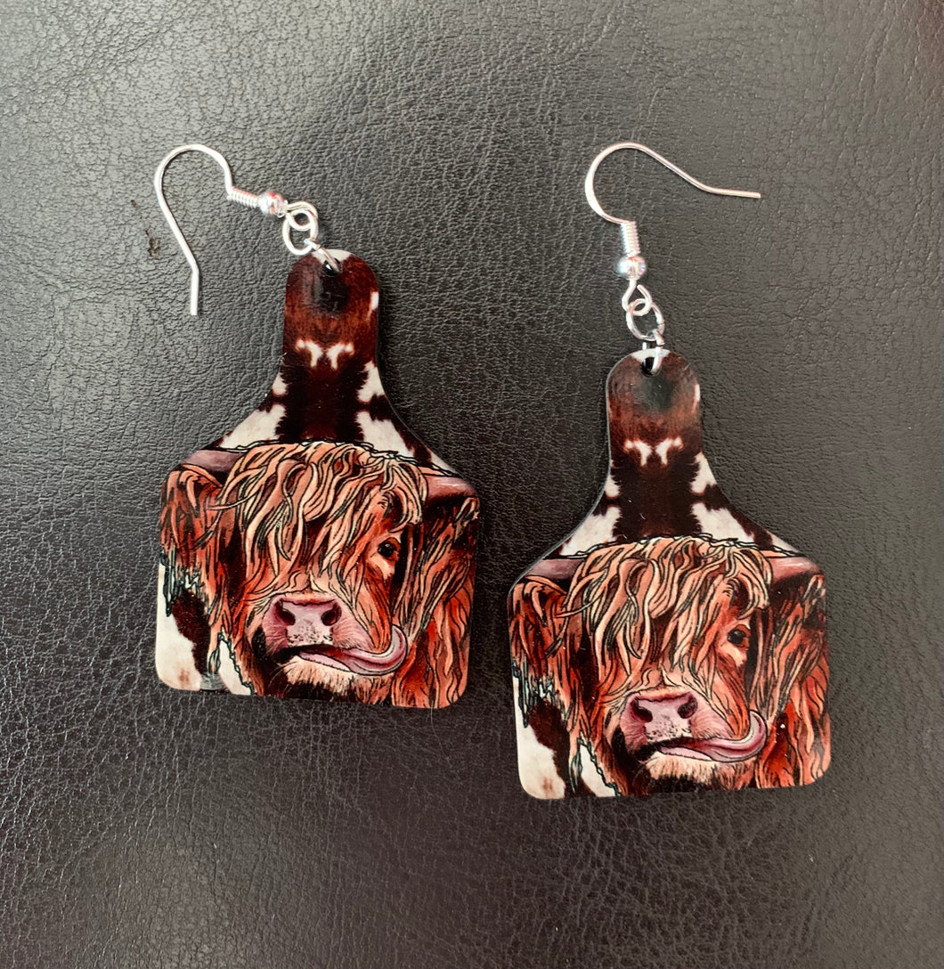 Highlander Cow Tag Cow Hide Earrings