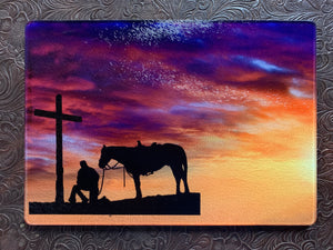 Praying Cowboy Sunset Glass Cutting Board