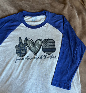 PeaceLoveBackTheBlue 3/4 Sleeve Raglan T Shirt